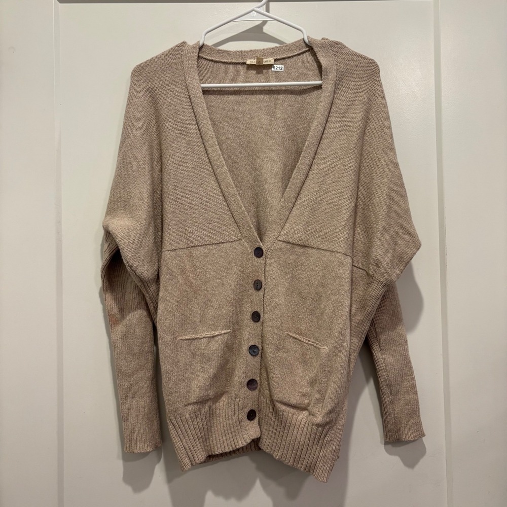 Eileen Fisher Tan Beige Cotton Blend Oversized Dolman Cardigan Sweater Small
